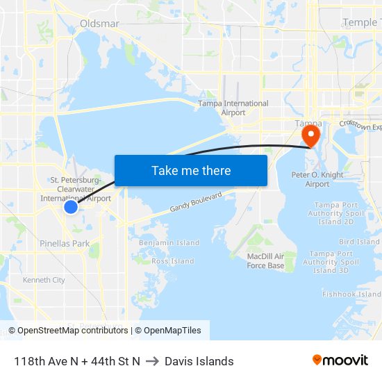 118th Ave N + 44th St N to Davis Islands map