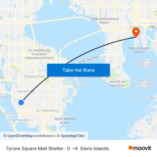 Tyrone Square Mall Shelter - D to Davis Islands map