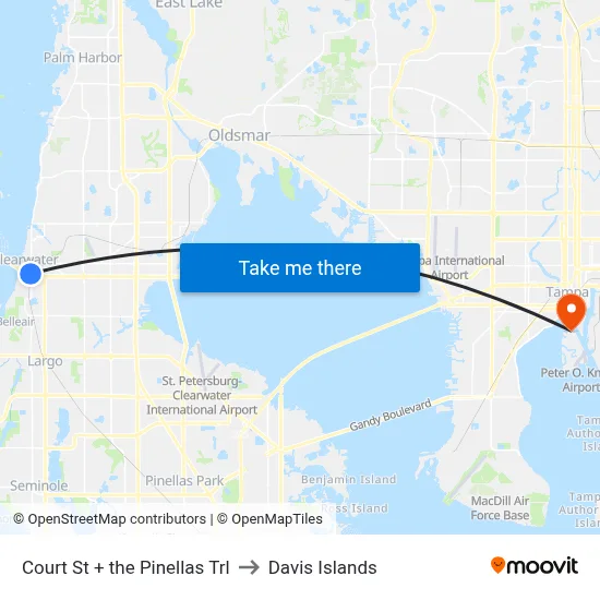 Court St + the Pinellas Trl to Davis Islands map