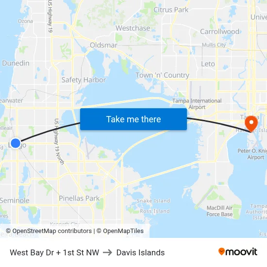 West Bay Dr + 1st St NW to Davis Islands map