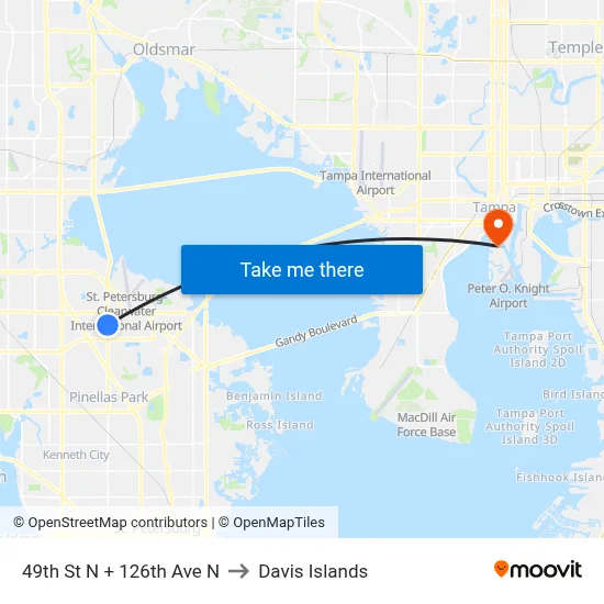 49th St N + 126th Ave N to Davis Islands map