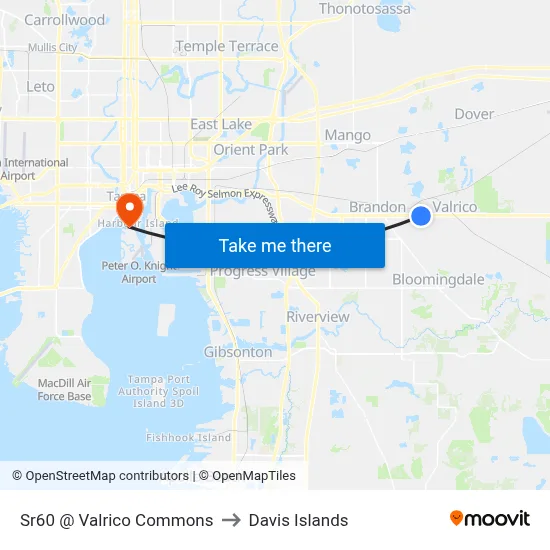 Sr60 @ Valrico Commons to Davis Islands map