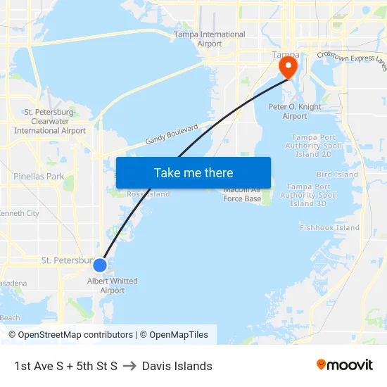 1st Ave S + 5th St S to Davis Islands map