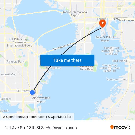 1st Ave S + 13th St S to Davis Islands map