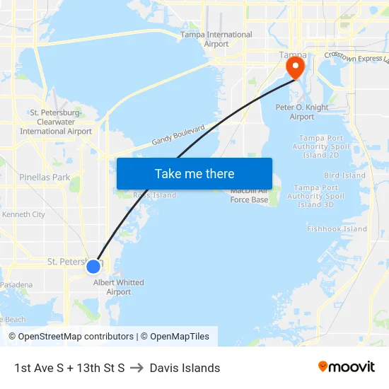 1st Ave S + 13th St S to Davis Islands map