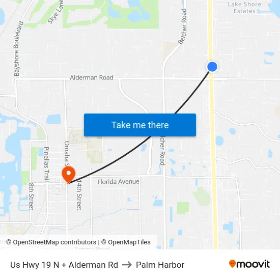 Us Hwy 19 N + Alderman Rd to Palm Harbor map