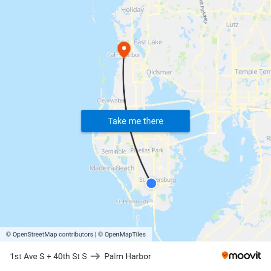 1st Ave S + 40th St S to Palm Harbor map