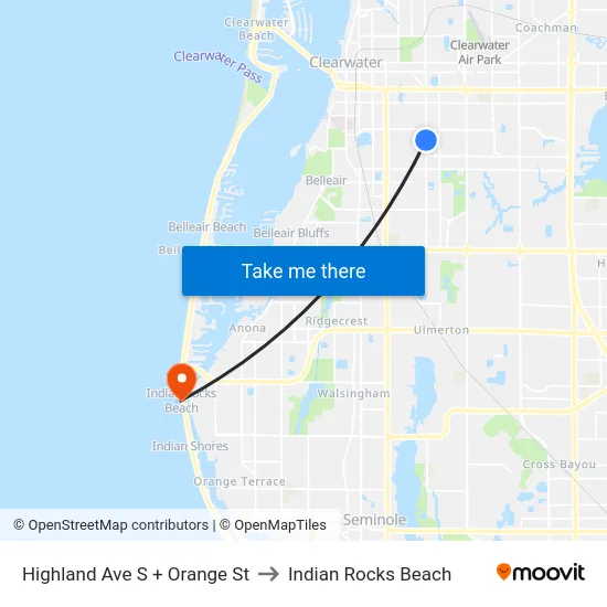 Highland Ave S + Orange St to Indian Rocks Beach map