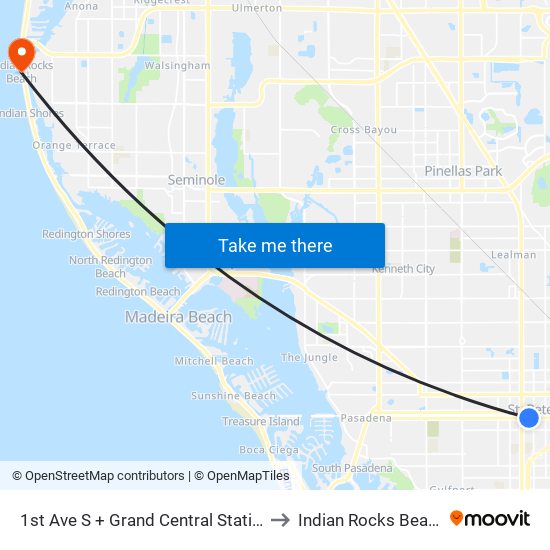 1st Ave S + Grand Central Station to Indian Rocks Beach map