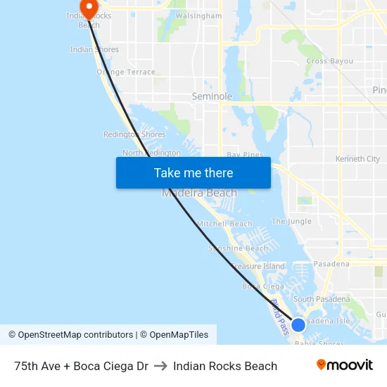 75th Ave + Boca Ciega Dr to Indian Rocks Beach map