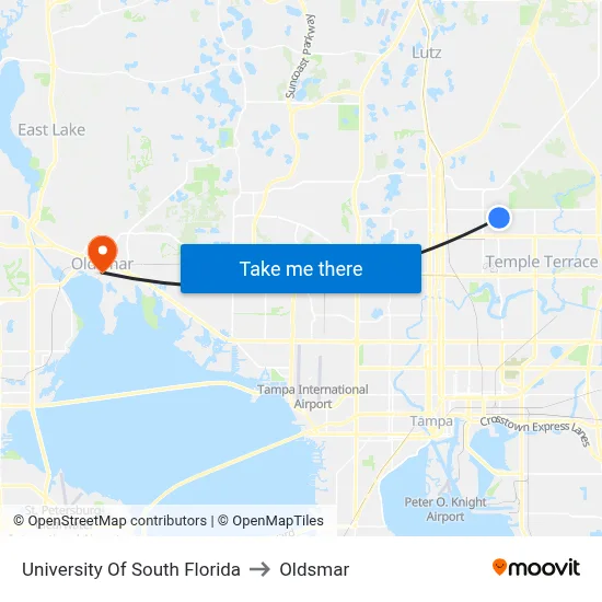 University Of South Florida to Oldsmar map