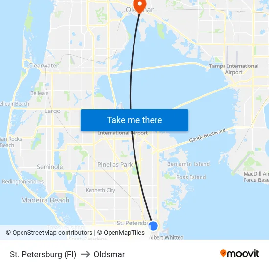 St. Petersburg (Fl) to Oldsmar map