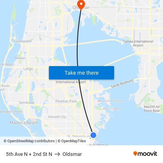 5th Ave N + 2nd St N to Oldsmar map