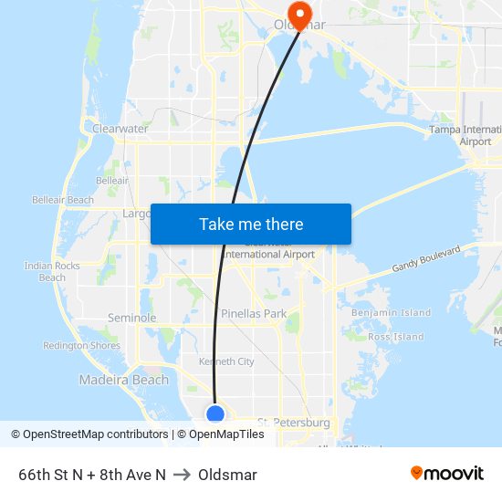 66th St N + 8th Ave N to Oldsmar map