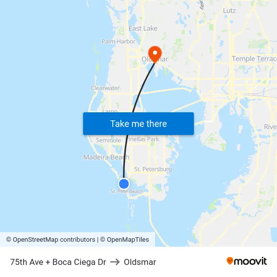 75th Ave + Boca Ciega Dr to Oldsmar map