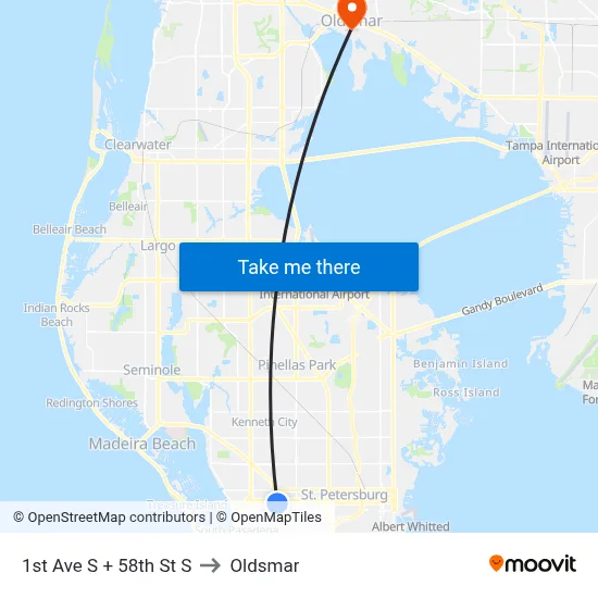 1st Ave S + 58th St S to Oldsmar map