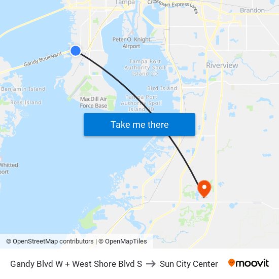 Gandy Blvd W + West Shore Blvd S to Sun City Center map