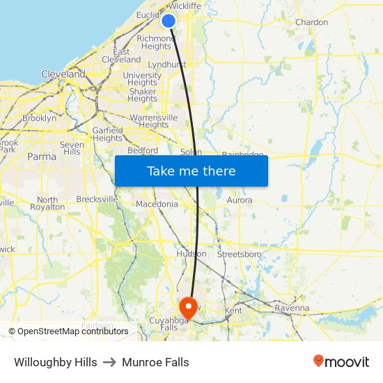 Willoughby Hills to Munroe Falls map