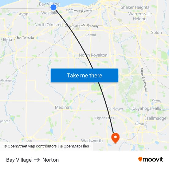 Bay Village to Norton map