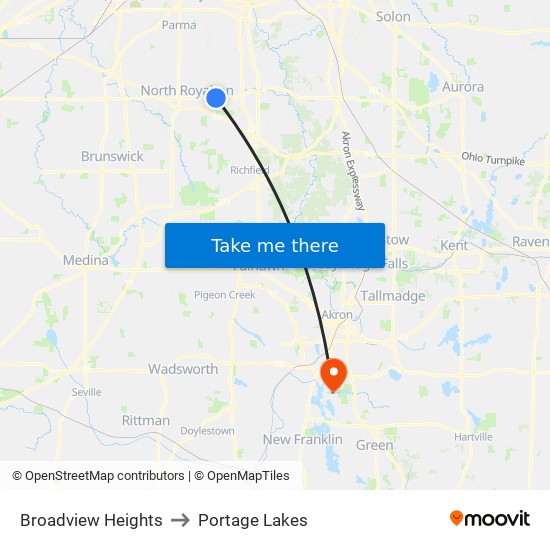 Broadview Heights to Portage Lakes map