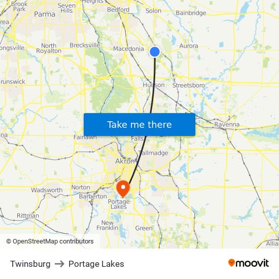 Twinsburg to Portage Lakes map