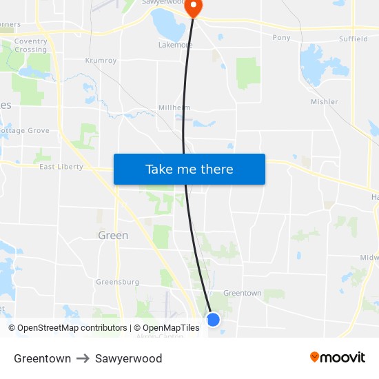 Greentown to Sawyerwood map