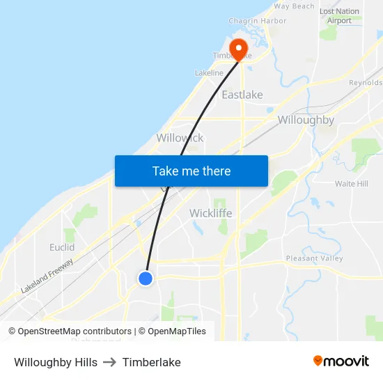Willoughby Hills to Timberlake map