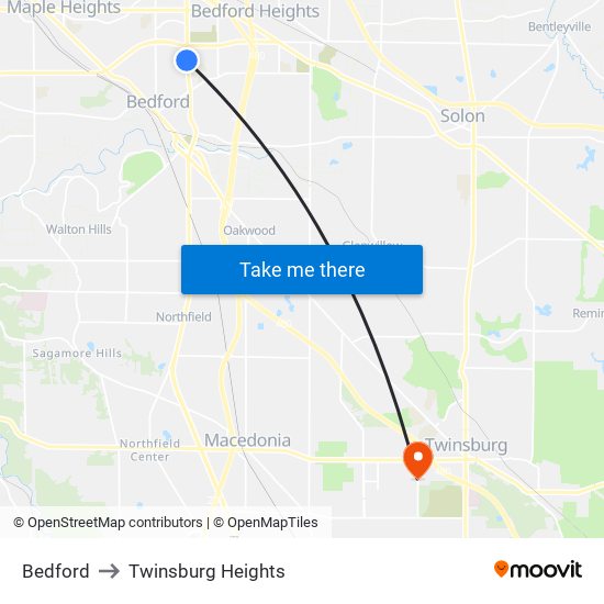 Bedford to Twinsburg Heights map