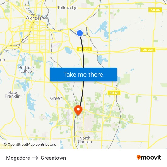 Mogadore to Greentown map