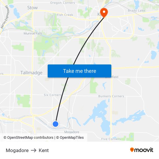 Mogadore to Kent map