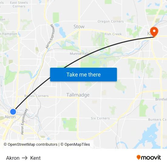 Akron to Kent map