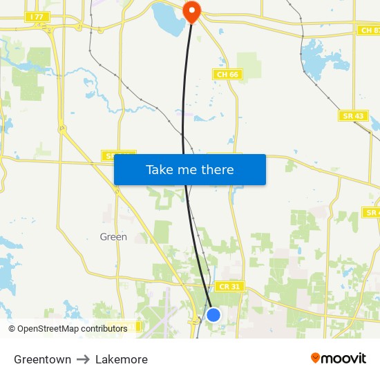 Greentown to Lakemore map