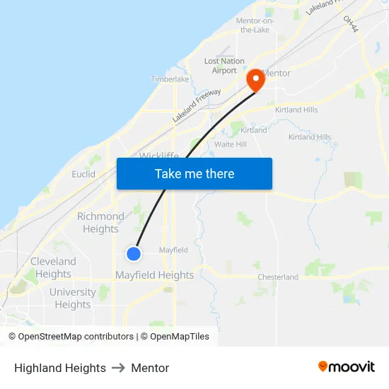 Highland Heights to Mentor map