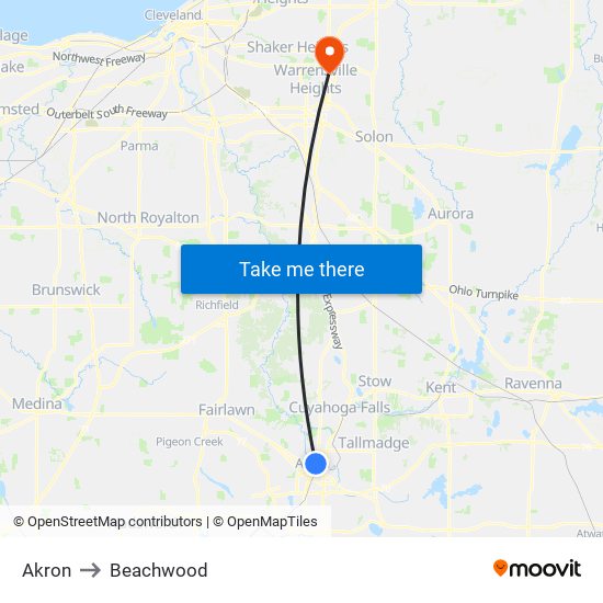 Akron to Beachwood map