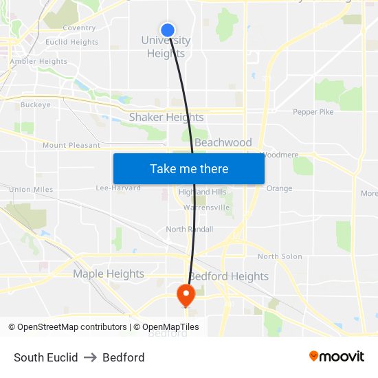 South Euclid to Bedford map