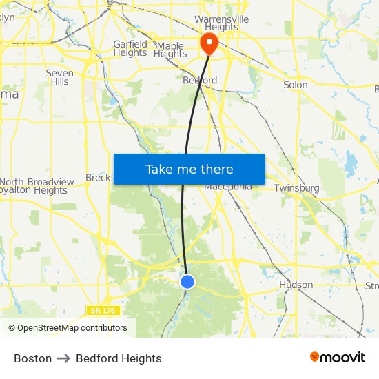 Boston to Bedford Heights map