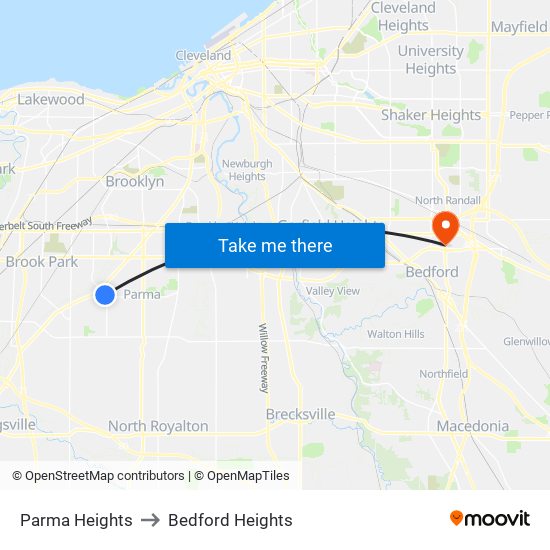 Parma Heights to Bedford Heights map