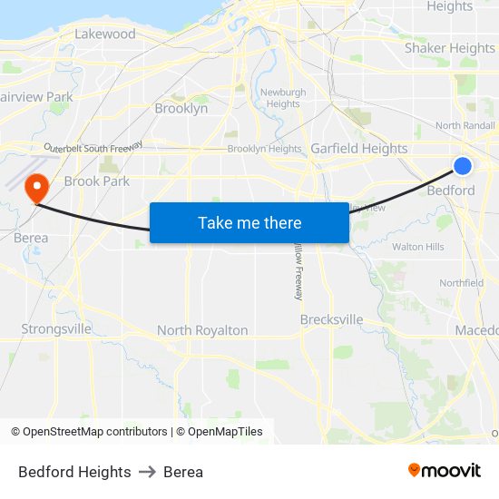 Bedford Heights to Berea map