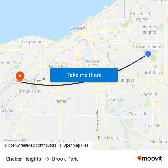 Shaker Heights to Brook Park map