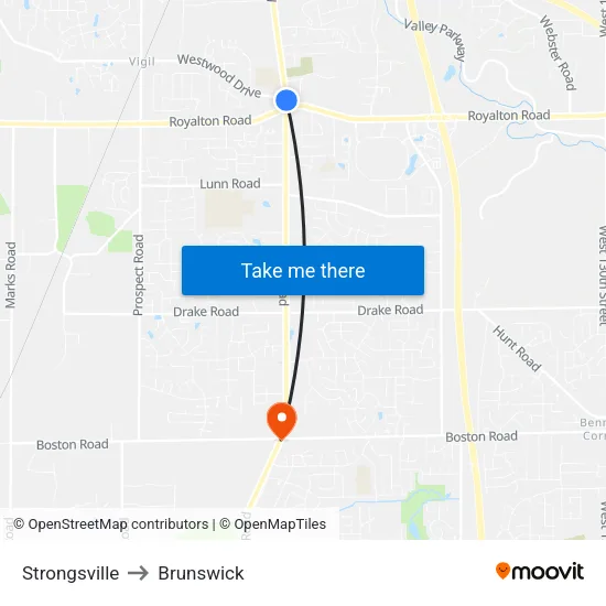 Strongsville to Brunswick map
