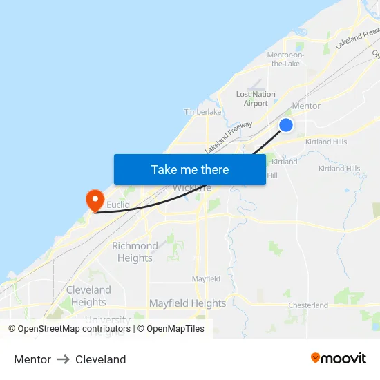 Mentor to Cleveland map