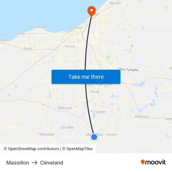 Massillon to Cleveland map