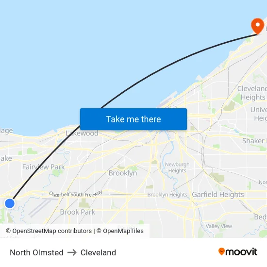 North Olmsted to Cleveland map