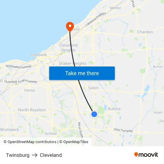 Twinsburg to Cleveland map