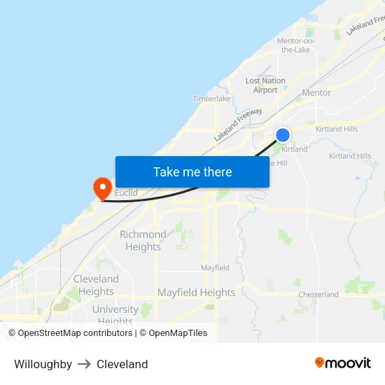 Willoughby to Cleveland map