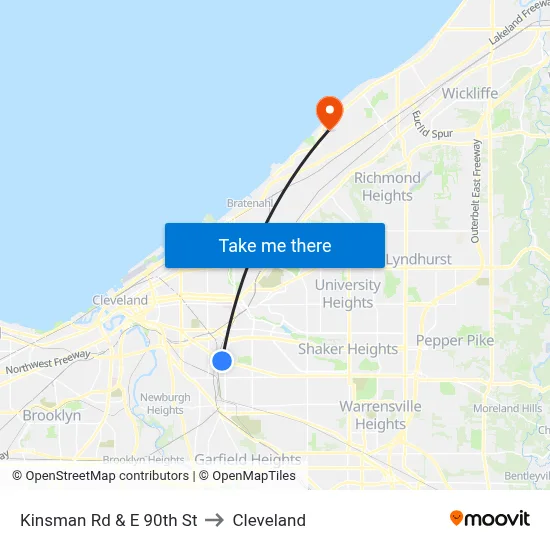 Kinsman Rd & E 90th St to Cleveland map