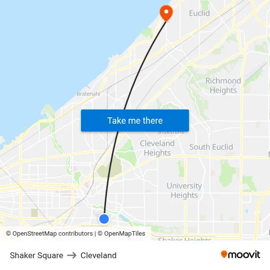 Shaker Square to Cleveland map