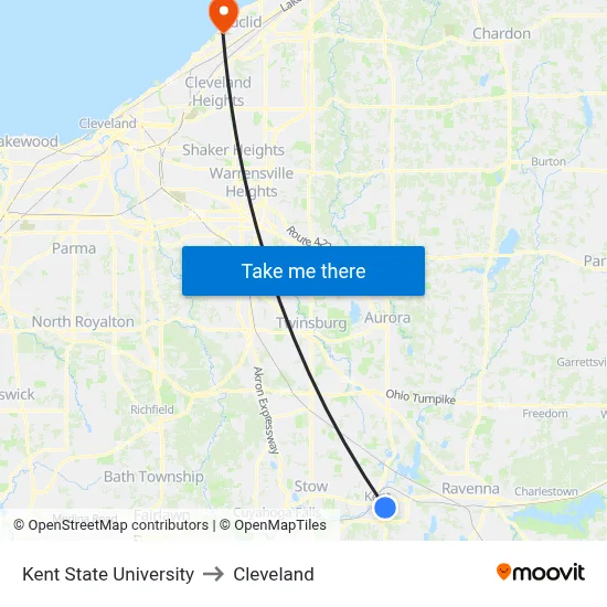 Kent State University to Cleveland map