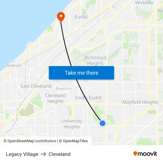 Legacy Village to Cleveland map