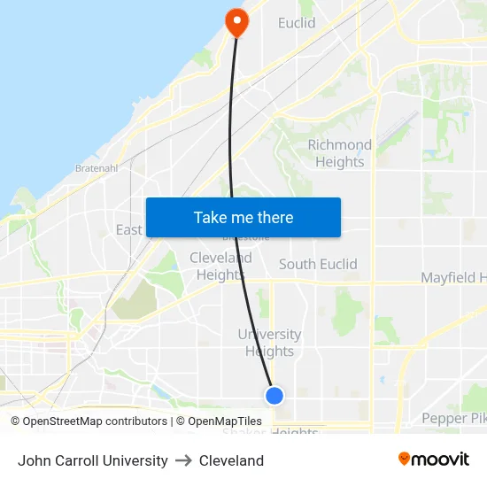 John Carroll University to Cleveland map